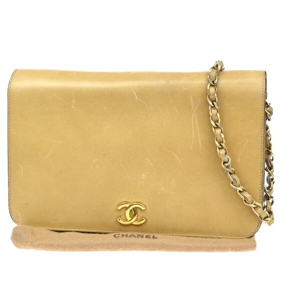 CHANEL CC Logo Chain Shoulder Bag Leather Beige GHW France Vintage 605RL234 - Picture 1 of 14